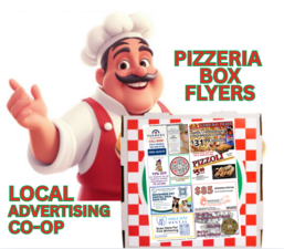 Pizzeria Box Flyers Local Advertising Co-op chef mascot