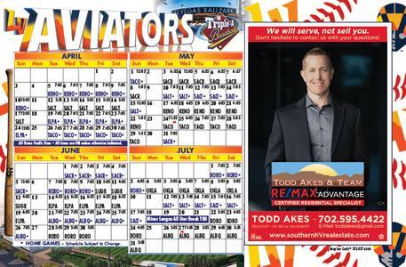 Las Vegas Aviators baseball schedule flyer with a realtor advertisement
